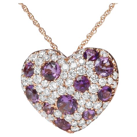 18k Rose Gold 34 Carat Diamond And Purple Amethyst Heart Shape Pendant Necklace For Sale At