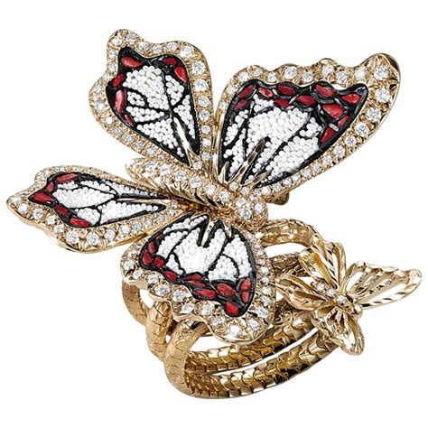 Stylish Butterfly Ring White Diamond Rose Gold Hand Decorated With Micromosaic For Sale At 1stdibs