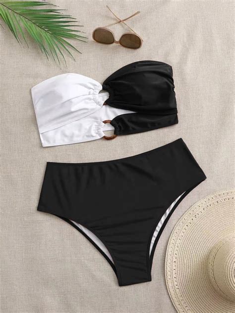 SHEIN Swim Vcay Plus conjunto de biquíni bloco de cores anel vinculado