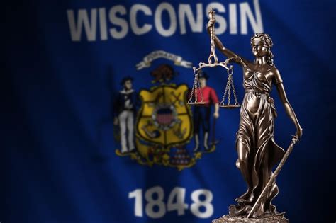 Premium Photo Wisconsin Us State Flag With Statue Of Lady Justice And