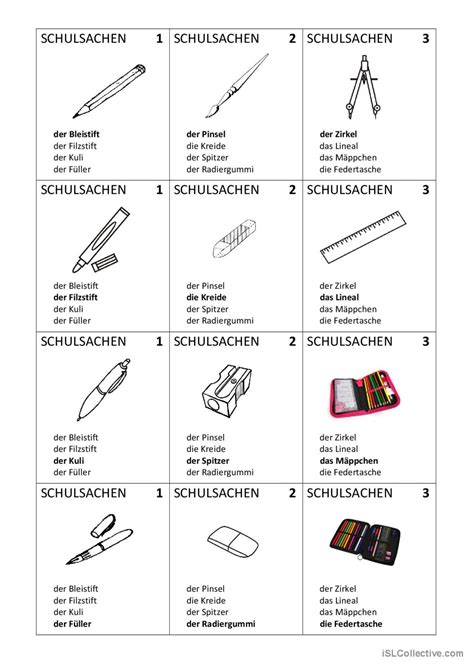 Schulsachen QUARTETT allgemeine Deutsch DAF Arbeitsblätter pdf doc