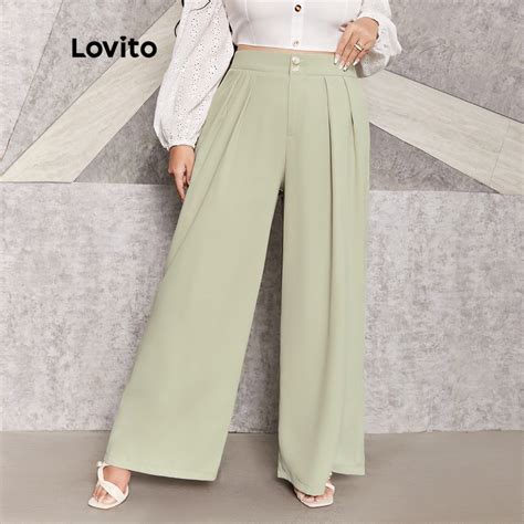 Lovito Plus Size Curve Elegant Plain Button Pants Lps03072 Mint Green Shopee Philippines