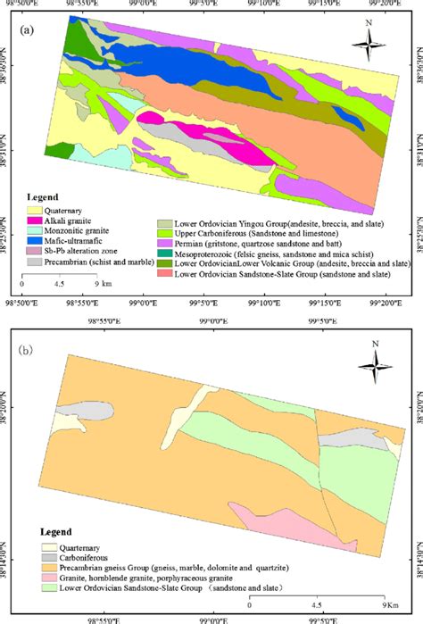 Generalized lithological maps of (a) study area A, (b) study area B,... | Download Scientific ...