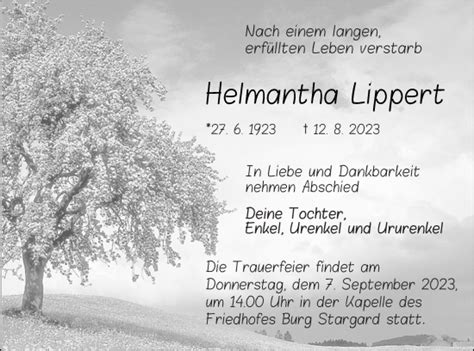 Traueranzeigen Von Helmantha Lippert Trauer Nordkurier