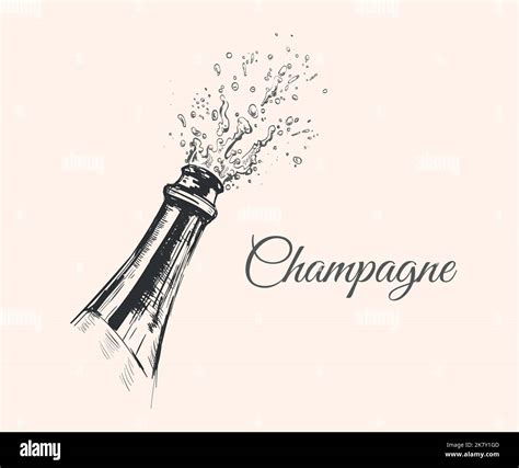 Hand Drawn Illustration Of Champagne Explosion Alcohol Drink Splash With Bubbles Stock Vector