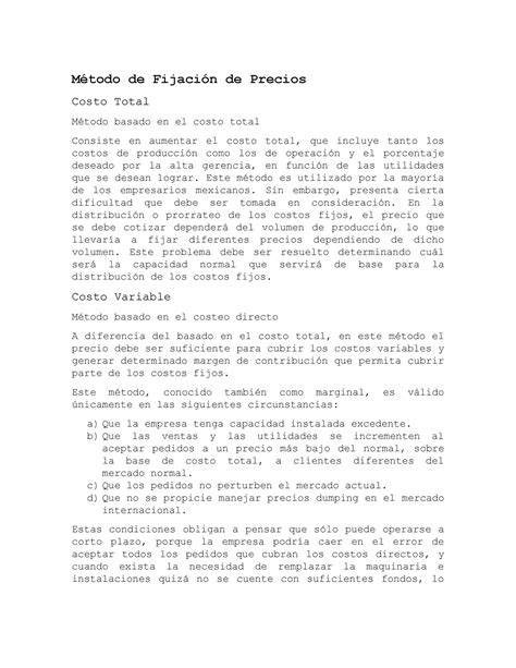 Metodos De Fijacion De Precios Método De Fijación De Precios Costo