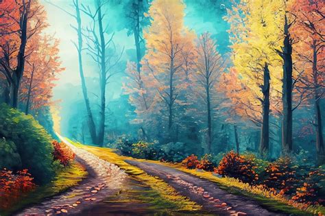 Premium AI Image | A painting of a road in autumn