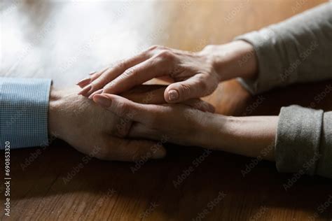 Holding Hands Affectionate Middle Aged Woman Touching Mature Man Hand Share Hope Believe In