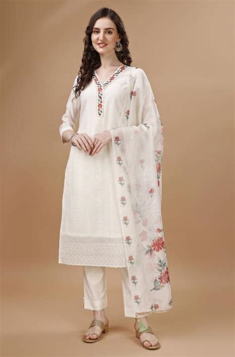 Buy Mojilaa Women S Off White Chanderi Silk Bored Schiffli Embroidered