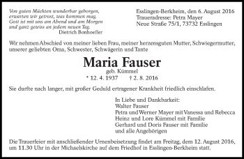 Traueranzeigen Von Maria Fauser Zeit Des Gedenkens De