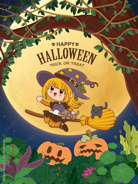 Vintage Halloween poster design with vector witch character. Stock ...