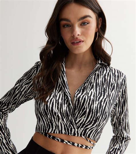 Pink Vanilla Black Zebra Print Satin Tie Crop Wrap Top New Look