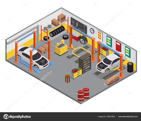 Modern Isometric Car Workshop Garage Interior Design — Stock Vector ...