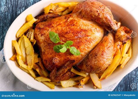 Roast Chicken And Potato Chips Stock Image Image Of Savory Brown