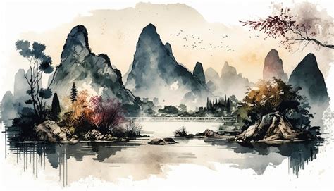 Premium Photo | Chinese landscape and natural scenery in watercolor style ai technology ...