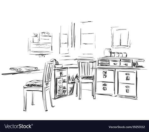 Hand Drawn Workplace Chair And Table Sketch Vector Image