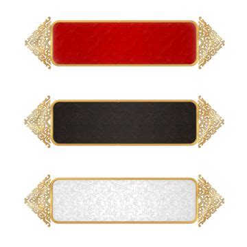 Three Different Colored Labels With Gold Trims On White Background