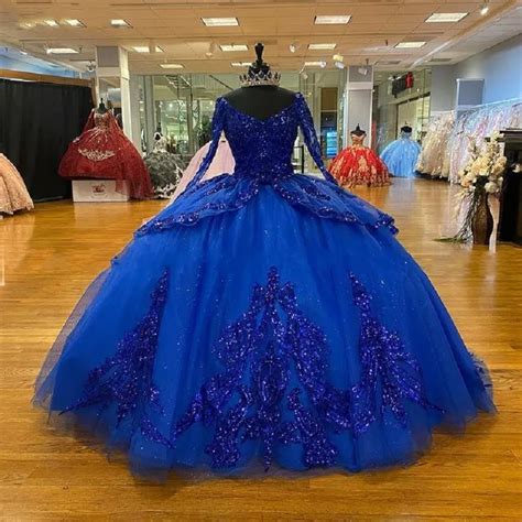 2022 Bling Royal Blue Quinceanera Robes Manches Longues Paillettes