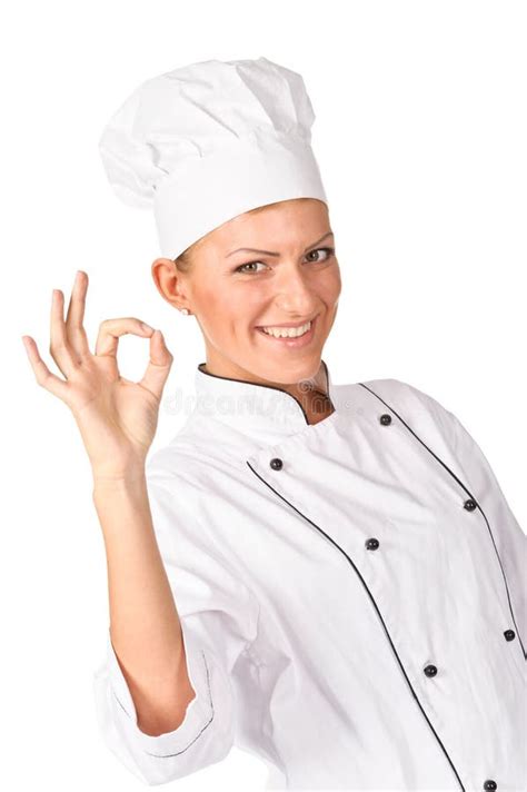 Woman Cook Or Chef Serving Empty Plate And Smiling Happy Stock Photo