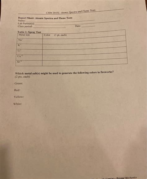 Solved Chm L Atomic Spectra And Flame Tests Report Chegg