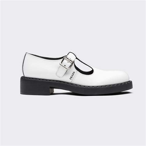 Prada Women Brushed Leather Mary Jane T Strap Shoes White