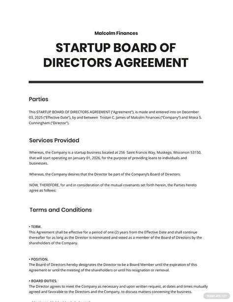 Free Startup Board of Directors Agreement Template - Google Docs, Word ...