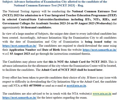 Nta Advance Intimation Of Examination City Allotted To The Candidate Of