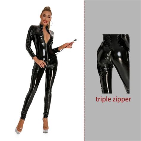 Aiiou Sexy Lingerie Women Patent Leather Jumpsuits Zipper Open Crotch Catsuit Wetlook Leotard