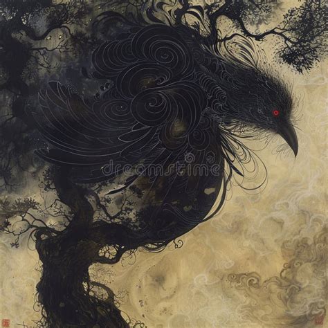 Illustration Of A Crow Sitting Through Smoke And Fire Stock