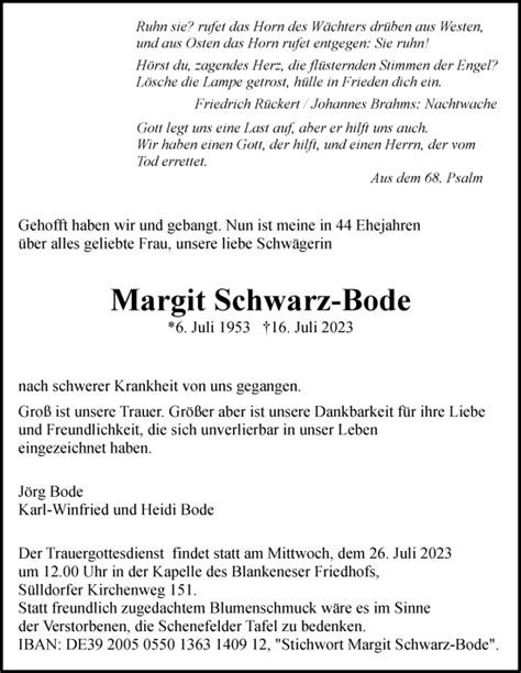 Traueranzeigen Von Margit Schwarz Bode HamburgerTRAUER De