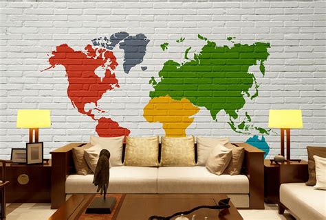 Brick And World Map Wall Paper 3D Embossed Wall Mural Modern Home Decor