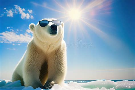 Polar Bear Or Ice Bear Wearing Sunglasses Due To Global Warming Climate