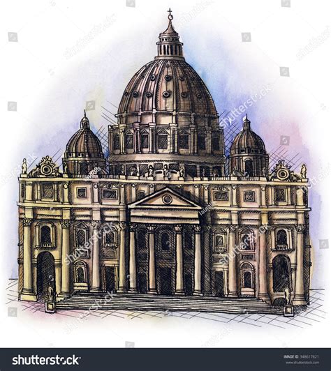 The Watercolor Hand Drawn Of St Peters Basilica In Rome Royalty Free