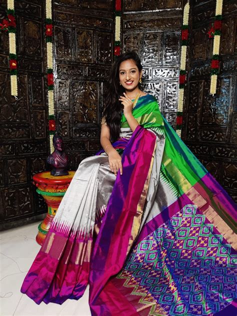 Pure Pochampally Ikkat Silk Saree Gray And Purple Multi Color