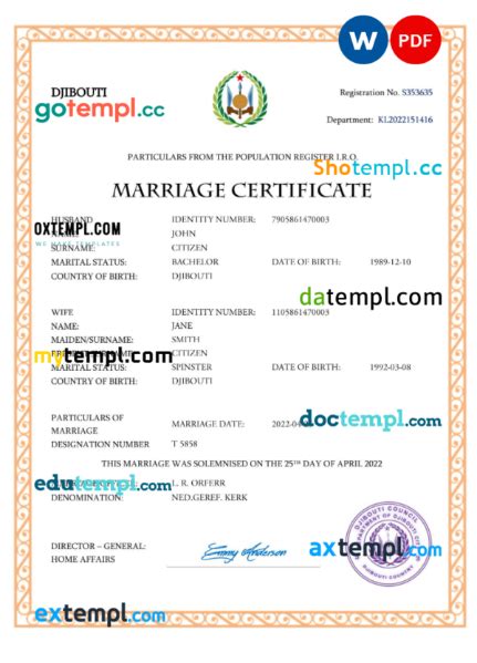 Djibouti Marriage Certificate Word And Pdf Template Fully Editable