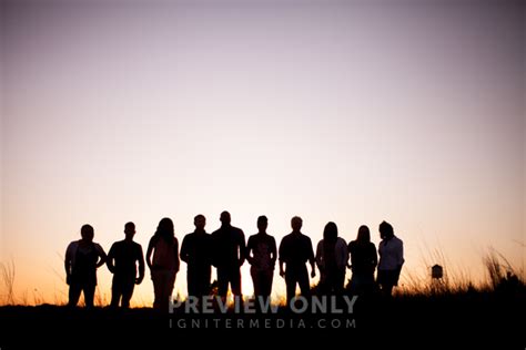 Silhouettes Group People Row Standing Field Outdoors Stock