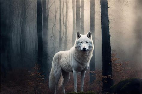 Ilustração gerada por ia de um lobo branco sozinho em uma floresta