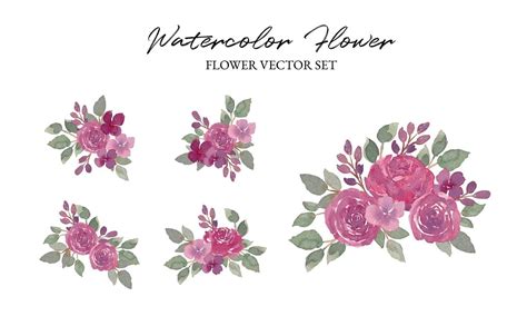 Purple Watercolor Flower Arrangement Separated Vector Set