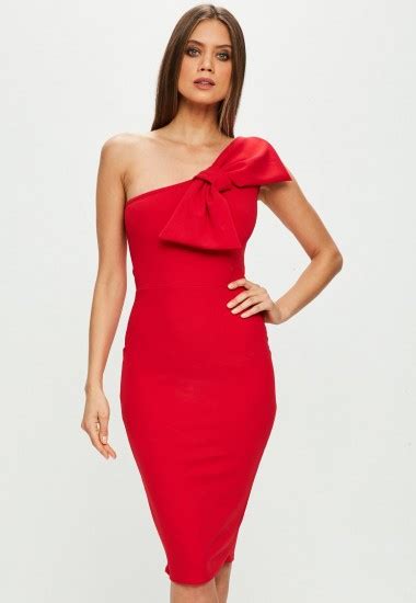 Missguided Red One Shoulder Bow Detail Dress Party Dresses