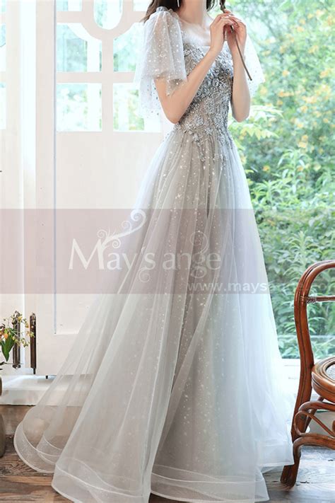 Robe Pour C R Monie Mariage Gris Perle Avec Manches Volantes Ref