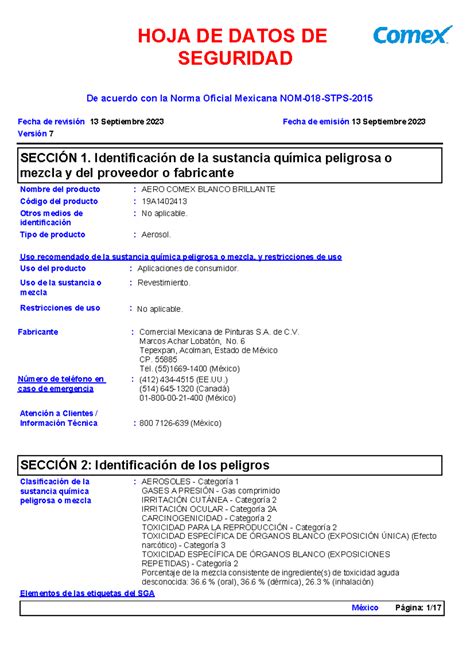 Hoja De Seguridad A Aero Comex Blanco Brillante No Aplicable