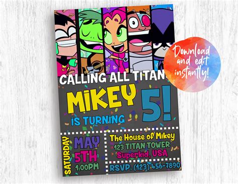 Teen Birthday Invitation Titans Teen Birthday Cartoon Robin Etsy