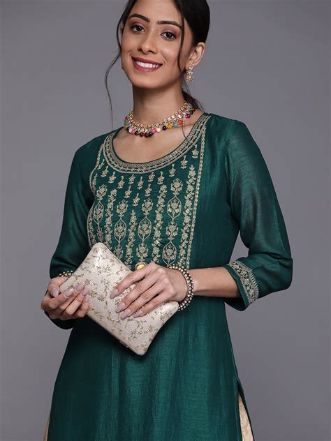 Buy Libas Women Teal Green And Golden Ethnic Motifs Embroidered Kurta