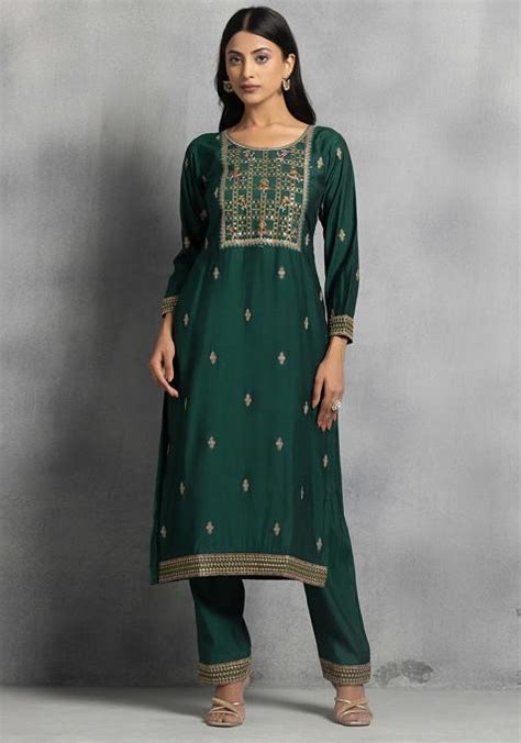 Buy Women Green Floral Zari Sequin Embroidered Kurta Set With Pants And