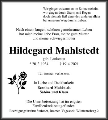 Traueranzeigen Von Hildegard Mahlstedt Trauer Gedenken