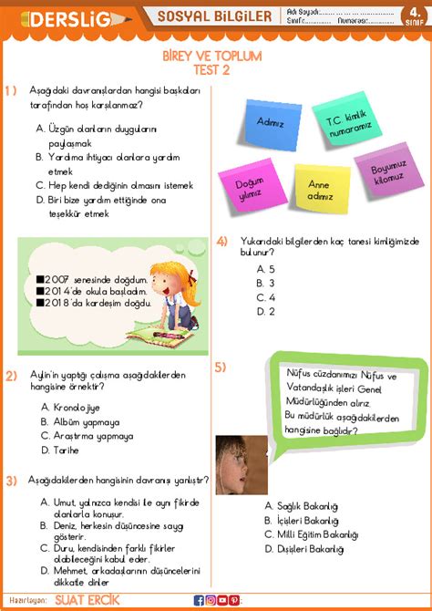 S N F Sosyal Bilgiler Birey Ve Toplum Test Yaprak Test Derslig