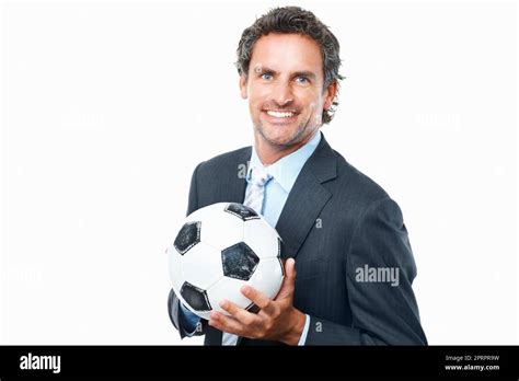 Business Man Holding A Football Portrait Of Smiling Business Man