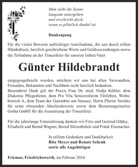 Traueranzeigen von Günter Hildebrandt trauer in thueringen de