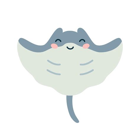 Cartoon hand drawn happy baby stingray on isolated white background. Character of the sea ...