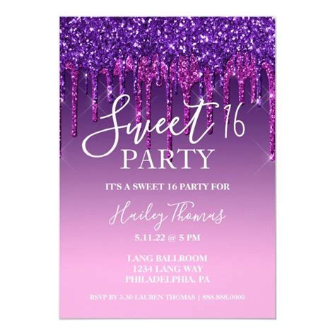 Invite Purple Pink Glitter Drip Sweet Sixteen Zazzle Pink Sweet